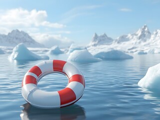 Naklejka premium A red and white lifebuoy floats in icy blue water, with a snowy mountain range in the background.