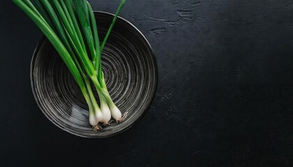 Green onion in a bowl on a black background, top view, copy space 