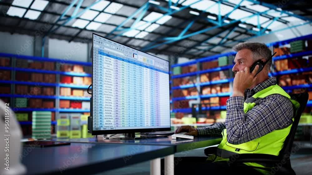 Wall mural warehouse inventory management on computer