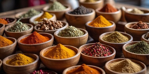 Variety of Spices in Wooden Bowls at Market.