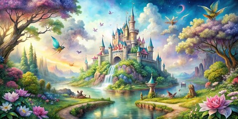 Enchanting watercolor of a fairy tale castle surrounded by magical creatures and dreamy landscapes