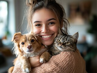 Cheerful 30-year-old Female Pet Expert Posing with Adorable Cat and Dog for Joyful Selfie. Celebrating Love for Animals and Pet Care Expertise.