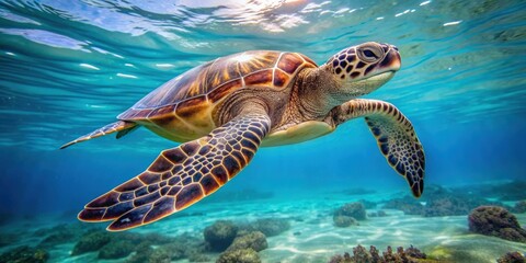 Obraz premium Sea turtle swimming gracefully in the ocean, with intricate patterns and designs on its shell , sea turtle