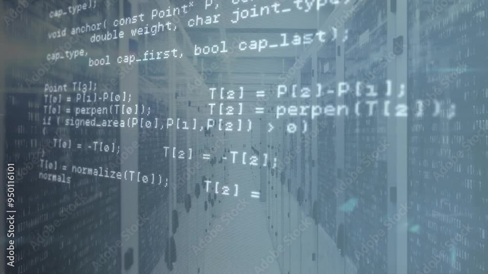 Poster animating computer code over server room background in data center