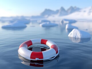Naklejka premium A red and white life preserver floats in icy blue water with icebergs in the background.