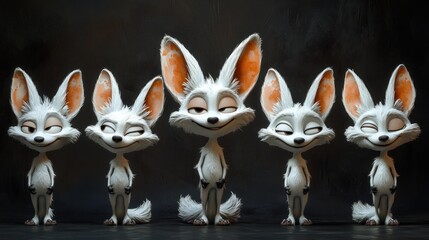 A group of stylized cartoon rabbits with expressive faces and large ears.