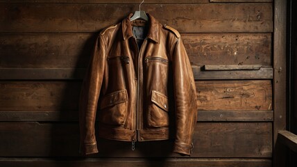 Fototapeta premium A brown vintage leather jacket hangs on a wooden wall in a country house.