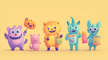 Naklejka premium Adorable pastel-colored trick-or-treaters in animal and monster costumes, with candy bags, on a light pastel yellow background.