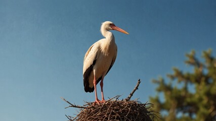 Fototapeta premium Stork standing on a branch near a nest under a clear blue sky.