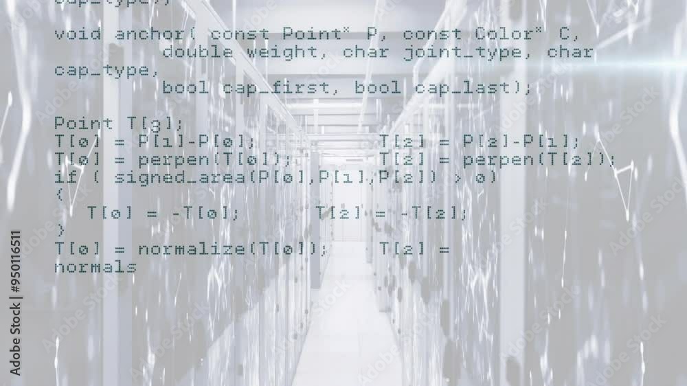 Poster animating computer code over data center with server racks