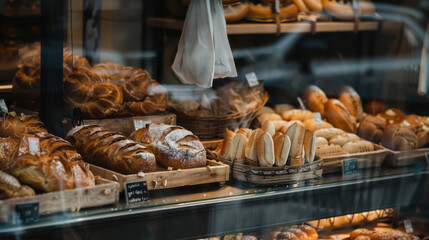 Bakery display with various breads and pastries behind a glass window, enticing viewers with their...