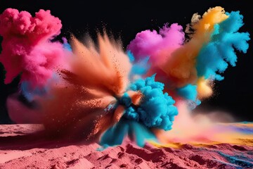 Fototapeta premium Colorful Dust Explosion Capture Against Dark Background with Striking Vibrant Particles