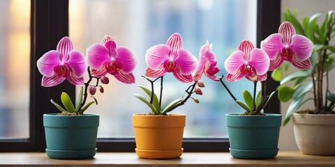 Plakat Three potted orchids in colorful pots by a window.