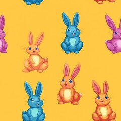 A colorful pattern featuring cartoon rabbits on a bright yellow background.