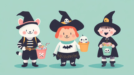 Adorable illustrator-style trick-or-treaters dressed as animals and pirates, with candy buckets, on a soft pastel green backdrop.
