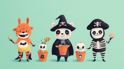Fototapeta premium Adorable illustrator-style trick-or-treaters dressed as animals and pirates, with candy buckets, on a soft pastel green backdrop.