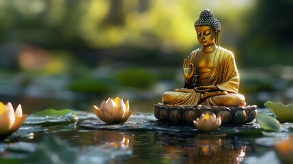 A gold statue of Buddha is sitting on a lotus flower in a pond