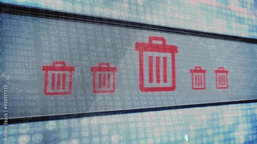 Poster Animating trash bin icons over binary code background