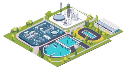 Obraz premium Detailed technical layout of a comprehensive waterworks infrastructure system including pipes valves pumps reservoirs and other essential components isolated on a plain background