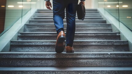 A businessman in a suit and leather shoes walking up the stairs to success, a close-up shot from behind
