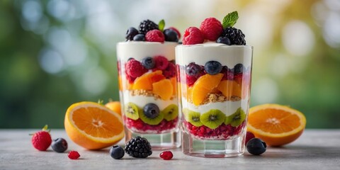 Two glasses with layered fruit and cream dessert with berry mix.