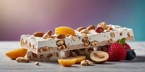 White nougat snack bars with nuts and fruits in front of studio background.