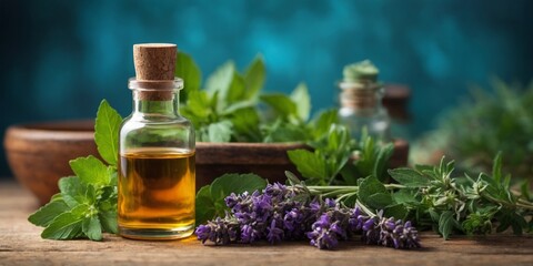 Essential oils and herbs on rustic background.