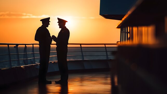 Two sailors in uniform stand on the deck of a ship at sunset, silhouetted against the orange sky. They are talking and appear to be close friends or colleagues.