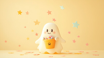 Adorable pastel-colored Halloween card with a cute ghost holding a candy bucket, surrounded by stars on a light pastel yellow backdrop.