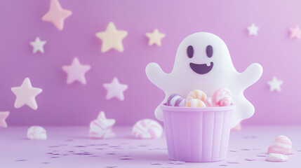 Adorable pastel Halloween card with a friendly ghost and candy bucket, surrounded by stars, on a soft pastel lavender backdrop.