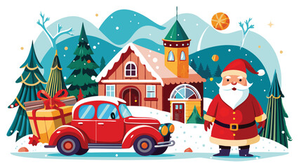 Vintage Christmas and New Year.  Winter nature with house, Christmas tree in cozy home and red retro car for greeting card, Vector illustration of Santa Claus, cover or poster