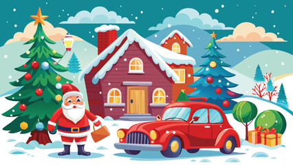 Fototapeta premium Vintage Christmas and New Year. Winter nature with house, Christmas tree in cozy home and red retro car for greeting card, Vector illustration of Santa Claus, cover or poster