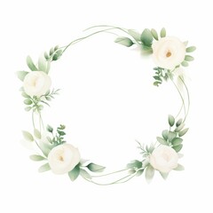 Fototapeta premium A delicate floral wreath with soft white roses and green leaves on a white background perfect for wedding invitations, greeting cards, or spring-themed designs,