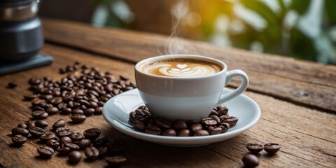 Obraz premium Cup of coffee using beans over a rustic wooden table.