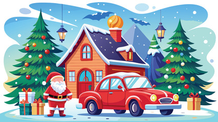 Fototapeta premium Vintage Christmas and New Year. Winter nature with house, Christmas tree in cozy home and red retro car for greeting card, Vector illustration of Santa Claus, cover or poster