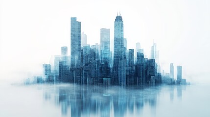 Fototapeta premium Metropolis Mirage: An ethereal cityscape emerges from a sea of clouds, reflecting its modern skyline in a cool blue dreamscape.