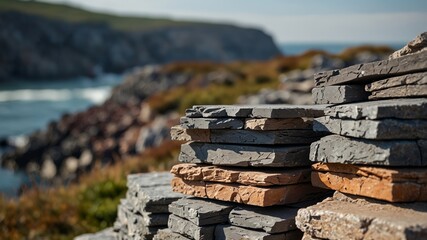 Intimate view of slate layers and quartzite on a coastal cliff.