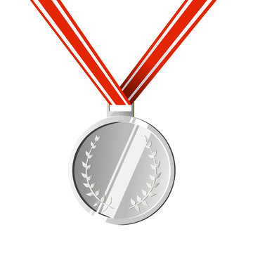 Silver Medal with Red and White Ribbon - Award for Second Place Achievement in Competitions and Sports - Vector Illustration