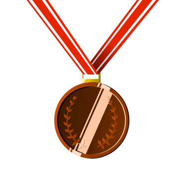 Bronze Medal with Red and White Ribbon - Award for Third Place Achievement in Competitions and Sports - Vector Illustration