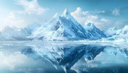 Obraz premium A serene landscape of snow-capped mountains reflected in a still lake, under a clear blue sky.