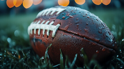 Close-up of a worn American football resting on a grassy field