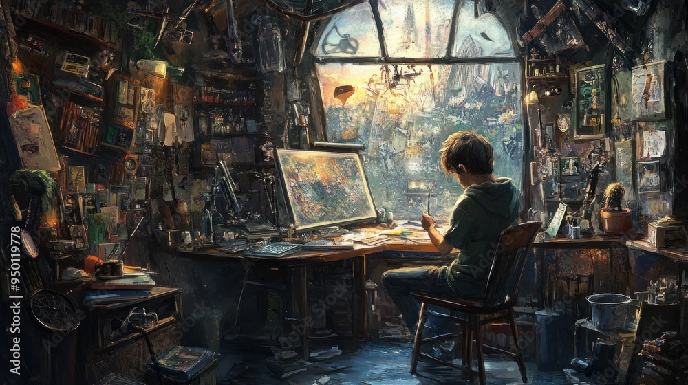 Aufkleber A Solitary Artist Working in a Crowded Studio with a View of a City Through a Window