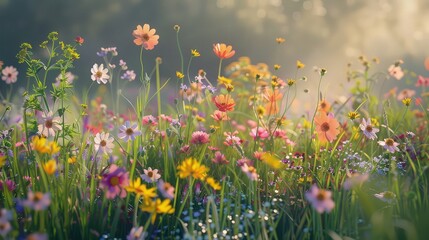 A field of mixed wildflowers bathed in the soft light of a late spring morning, with a focus on the...