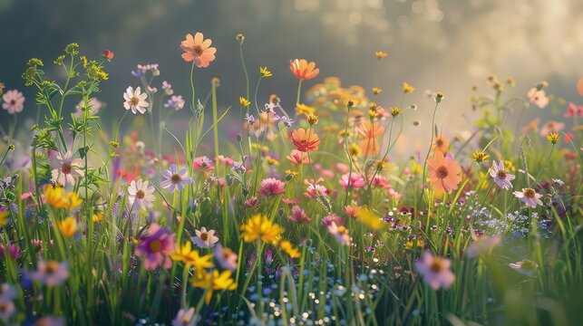 A field of mixed wildflowers bathed in the soft light of a late spring morning, with a focus on the interaction of light and shadow among the varied textures and colors of the blooms.