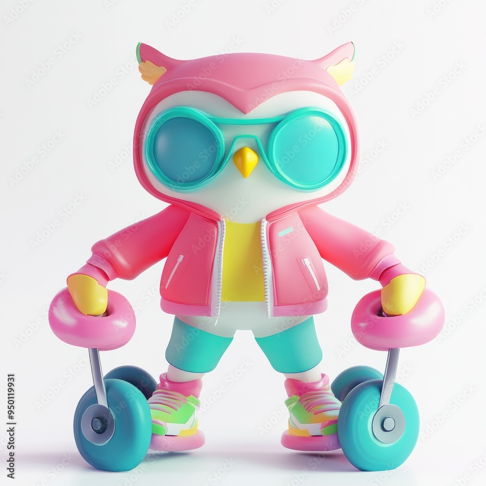 Poster A colorful, cartoonish owl character dressed in sporty attire with dumbbells.