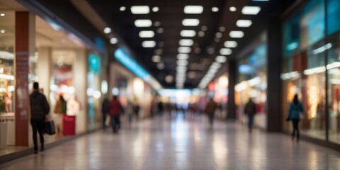 A blurred view of a shopping mall corridor with illuminated storefronts.
