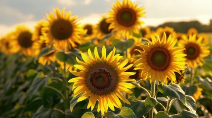 Fototapeta premium A field of sunflowers under a morning sky, captured in closeup to show the texture of the seeds and petals as they bask in the golden sunlight.