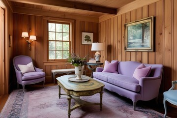 Charming Living Room with Cozy Vintage Coffee Table and Soft Lavender Sofa in Cedar Paneled Design