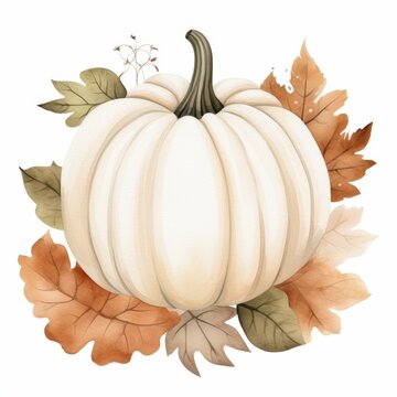 A watercolor illustration of a white pumpkin surrounded by autumn leaves, perfect for fall-themed decorations, greeting cards, and seasonal invitations,