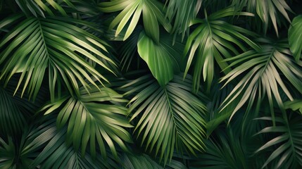 Abstract arrangement of palm leaves, creating a fresh, green background